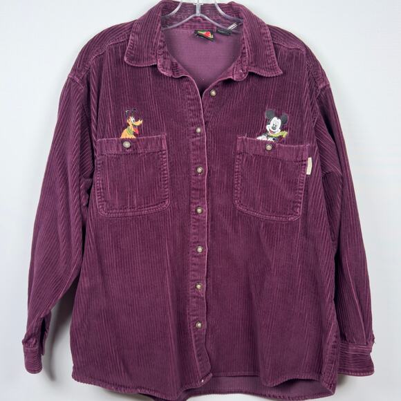 Mickey Unlimited Women's Corduroy Button Up Shirt Purple Embroiderd Size L - Picture 2 of 8